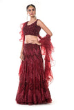 Maroon Heavy Hand Embroidered Blouse & Layered Lehenga Set with a Frill Dupatta