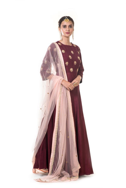 Maroon Hand Embroidered Anarkali with a Dupatta