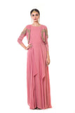 Onion Pink Hand Embroidered Drape Gown with Jacket