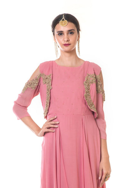 Onion Pink Hand Embroidered Drape Gown with Jacket