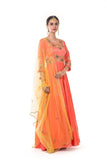 Hand Embroidered Orange  Kali Gown with Pleated Sleeves & Yellow Dupatta