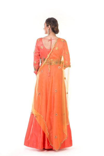 Hand Embroidered Orange  Kali Gown with Pleated Sleeves & Yellow Dupatta