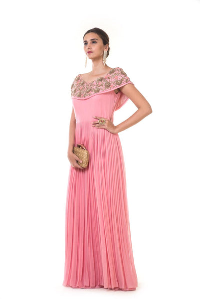 Hand Embroidered Rose Pink Cape Style Micro Pleated Gown
