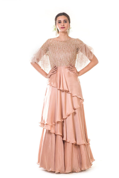 Hand Embroidered Rose Gold Ruffle Sleeve & Asymmetrical Layer Gown