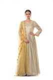Grey Pleated Gown with Sleeves Embroidery & Yellow Dupatta
