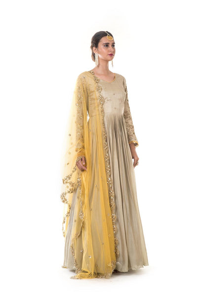 Grey Pleated Gown with Sleeves Embroidery & Yellow Dupatta