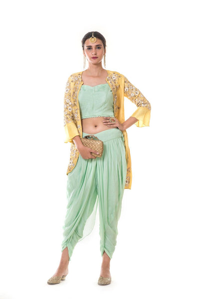 Hand Embroidered Yellow Jacket & Green Blouse  & Dhoti Set