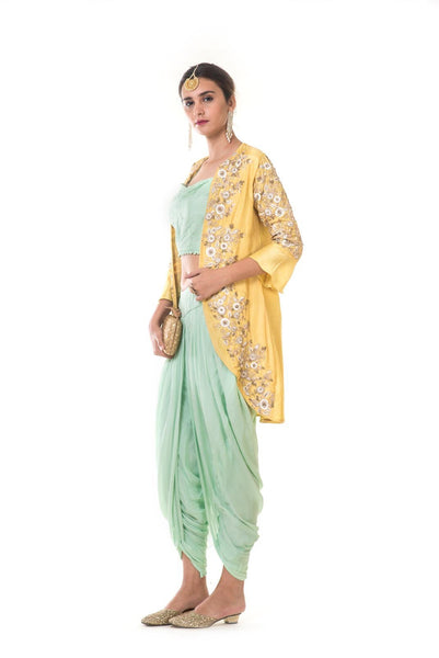 Hand Embroidered Yellow Jacket & Green Blouse  & Dhoti Set