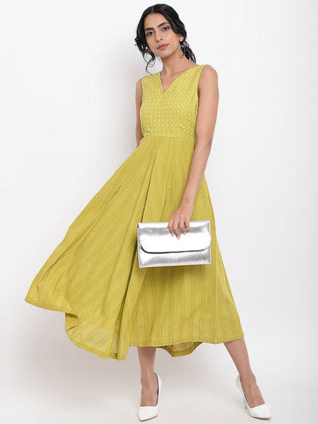 Green Cotton Panelled Flare Dress