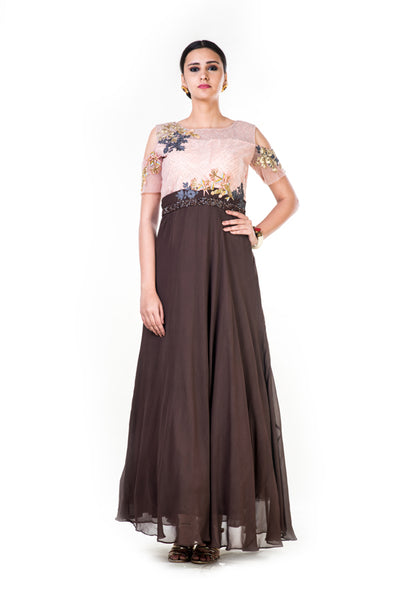 Anushree Agarwal Hand Embroidered Peach and Brown Cold Shoulder Gown