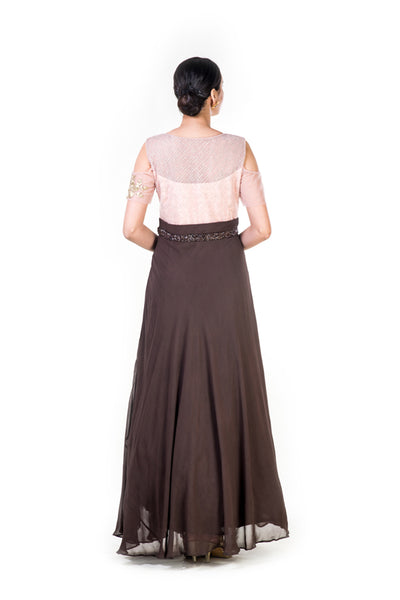 Anushree Agarwal Hand Embroidered Peach and Brown Cold Shoulder Gown