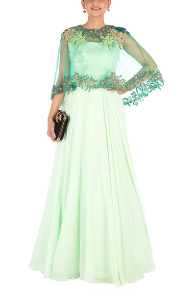 Anushree Agarwal Hand Embroidered Sea Green Flare Gown With Dark Green Cape