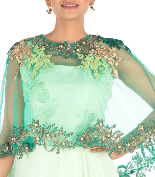 Anushree Agarwal Hand Embroidered Sea Green Flare Gown With Dark Green Cape