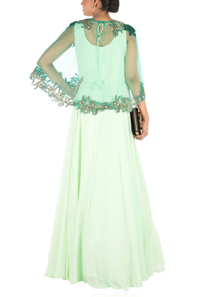 Anushree Agarwal Hand Embroidered Sea Green Flare Gown With Dark Green Cape