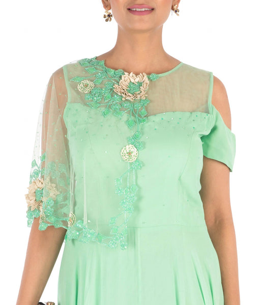 Anushree Agarwal Hand Embroidered Lime Green Gown With One Side Cape and Cold-Shoulder