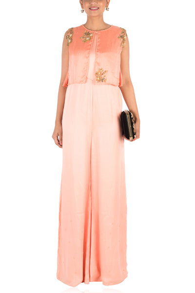 Anushree Agarwal Hand Embroidered Peach Jumpsuit With Attach Jacket