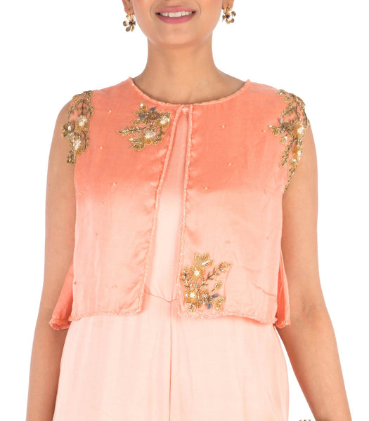 Anushree Agarwal Hand Embroidered Peach Jumpsuit With Attach Jacket