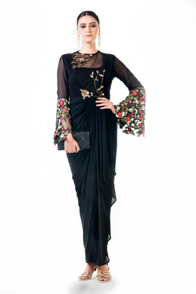 Anushree Agarwal  Black Embroidered Bell Sleeves Draped Dress