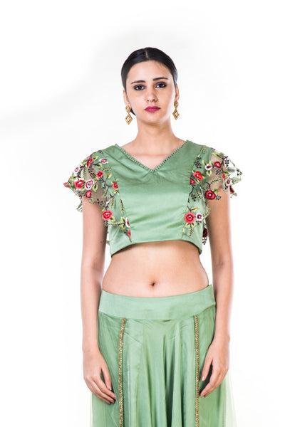 Anushree Agarwal Green Floral  Embroidered Crop Top and  Dhoti Set