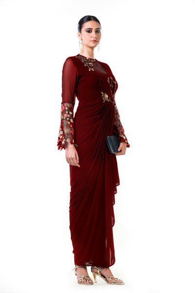 Anushree Agarwal Maroon Embroidered Bell Sleeves Draped Dress