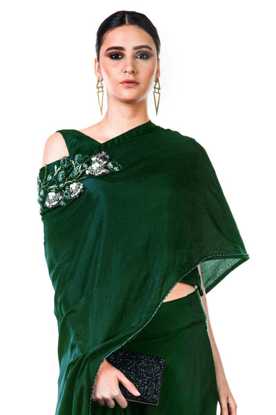 Anushree Agarwal Bottle Green Draped Gown with Cape Dupatta