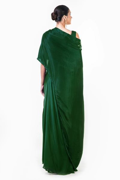 Anushree Agarwal Bottle Green Draped Gown with Cape Dupatta