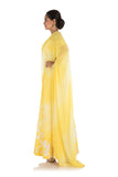 Anju Agarwal Hand Printed & Embroidered Bright Yellow Cold Shoulder Long Kurti