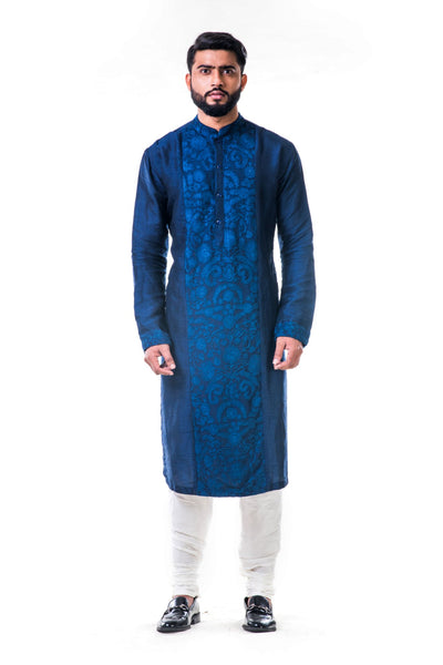 Anju Agarwal Blue Ari Embroidery Silk Kurta Set