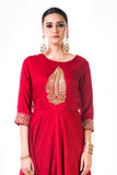 Anju Agarwal Red Leaf Hand Embroidered Silk Anarkali Gown
