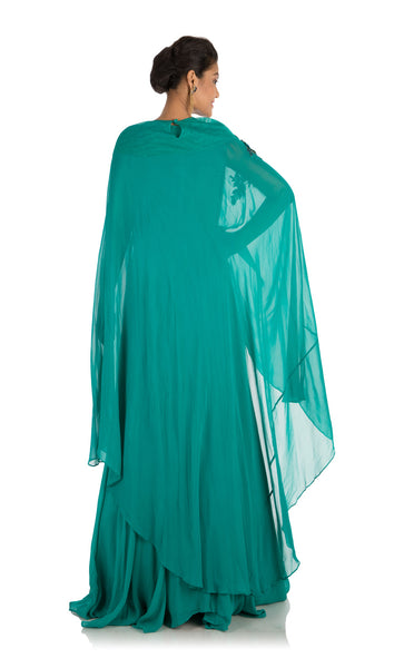 Anju Agarwal Pine Green Long Cape Gown