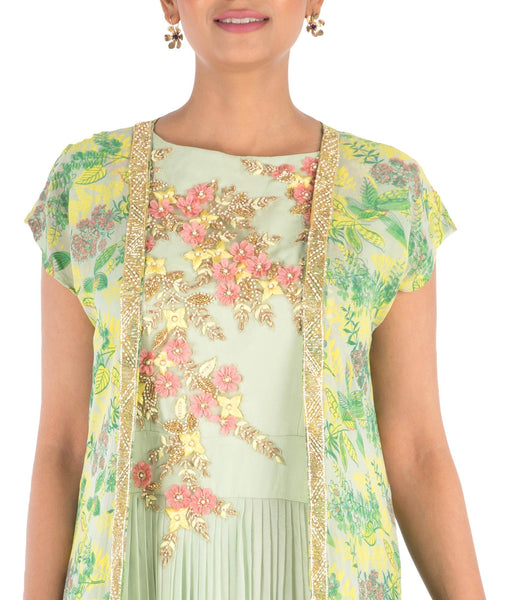 Anju Agarwal Hand Embroidered Pale Green Micro Pleated Flare Gown With Printed Jacket