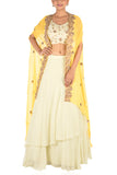 Anju Agarwal Hand Embroidered Bright Yellow And Light Lemon Kaftan Jacket Lehenga Set