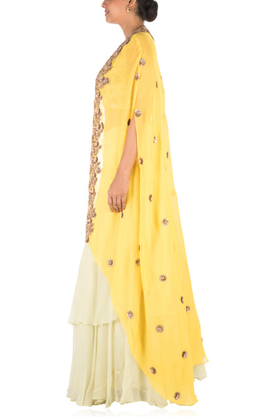 Anju Agarwal Hand Embroidered Bright Yellow And Light Lemon Kaftan Jacket Lehenga Set