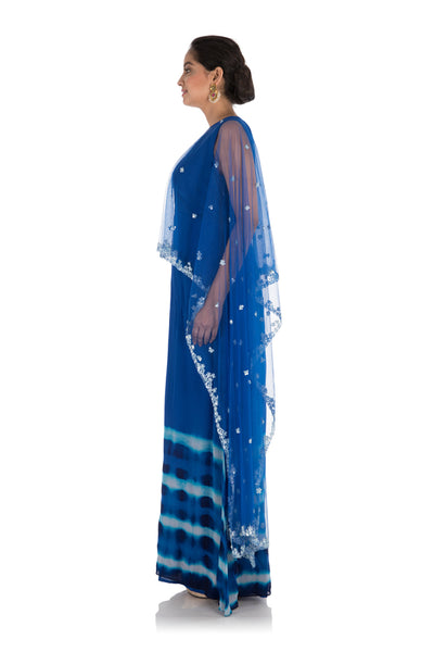Anju Agarwal Hand Embroidered Royal Blue Tie & Dye Cape Gown