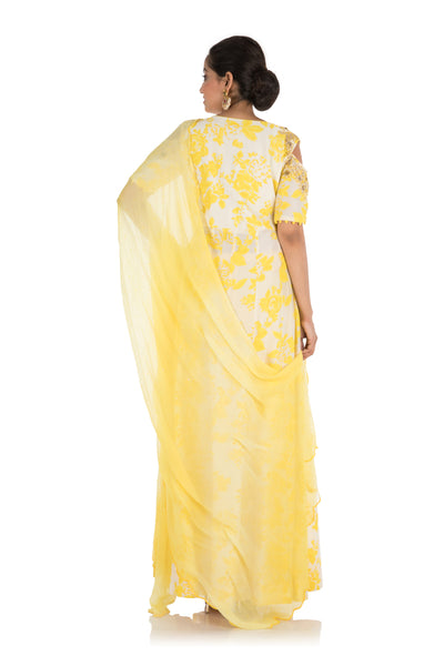 Anju Agarwal Hand Printed & Embroidered Bright Yellow Cold Shoulder Long Kurti