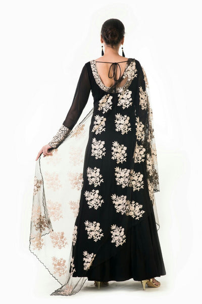 Anju Agarwal Black Ari Dress with Ari Work Net Dupatta