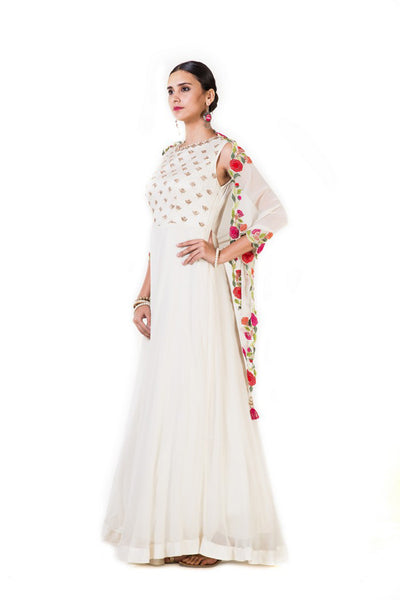 Anju Agarwal Off-White Embroidered Gown